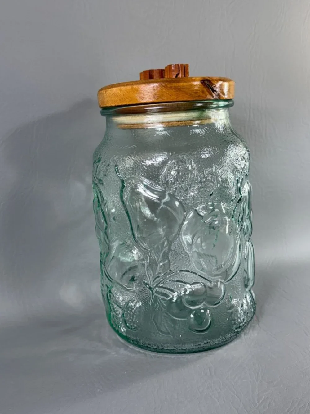 Vintage Libbey Glass Orchard Fruit Canister Jar Wooden Deer Stag Lid Storage